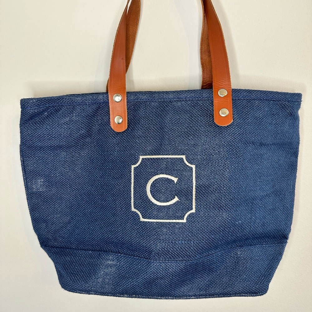 “C” Navy Canvas Tote Bag with Leather Handles